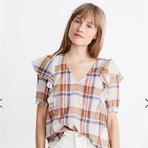 Womens Madewell V Neck Shoulder Ruffle Top In Plaid Short Sleeve Size XS
